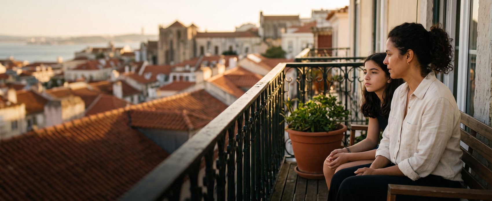 Mãe e filha adolescente sentadas numa varanda em Lisboa, ao fim do dia, a olhar os telhados